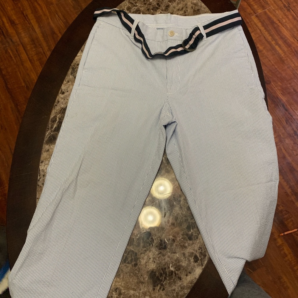 White and blue striped pants